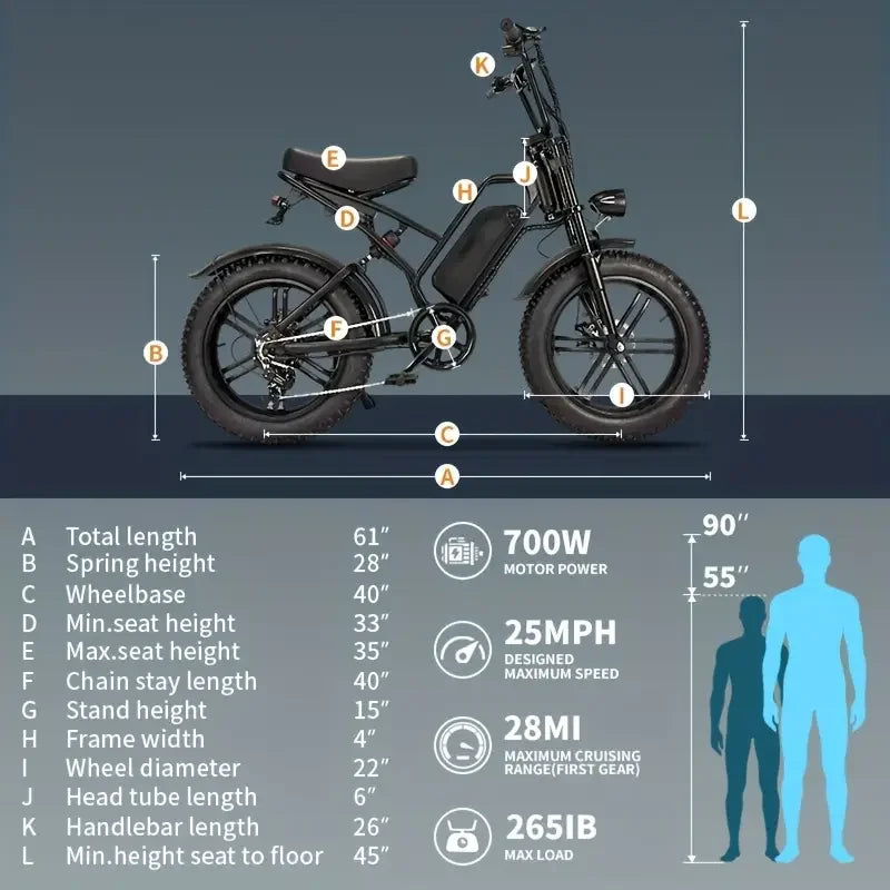 48V/18AH Battery 700W Motor, 20" Fat Tire Electric Bike
